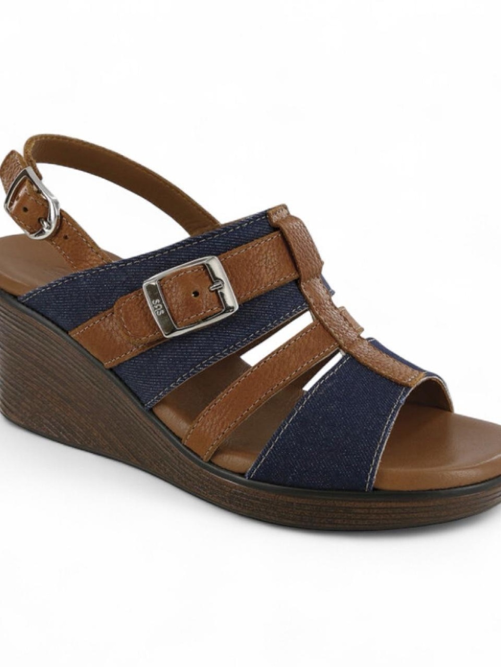 SAS Layla T-Strap Wedge Leather and Denim Slingback Sandals